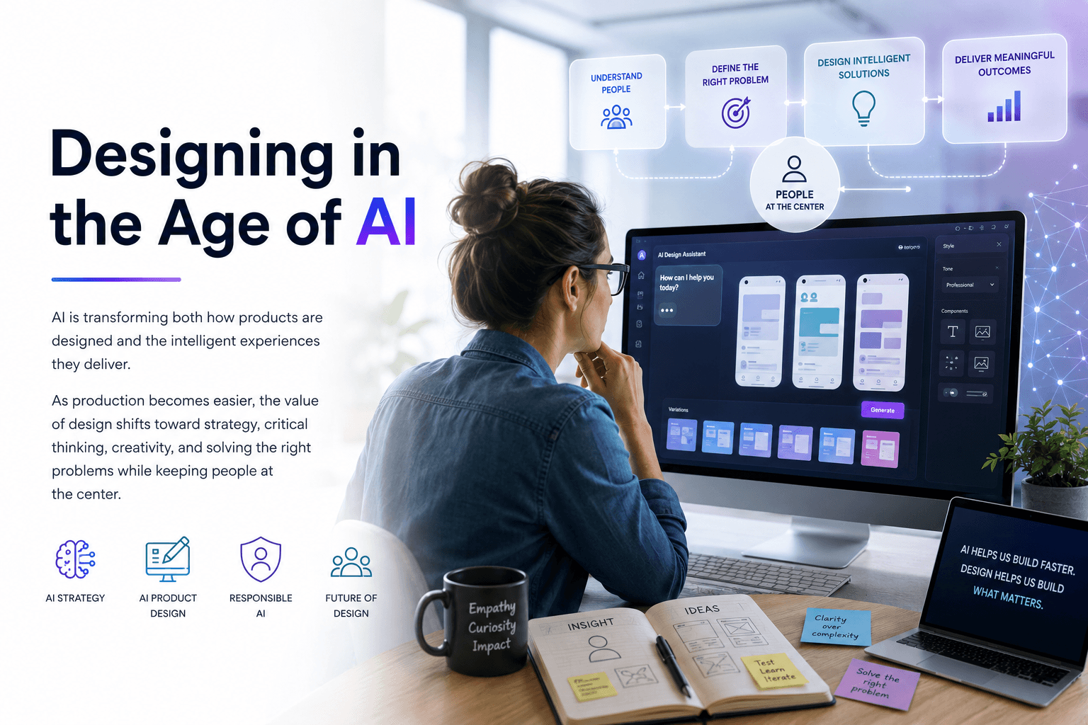 Designing in the Age of AI hero graphic showing a designer working with AI-assisted tools while keeping people at the center